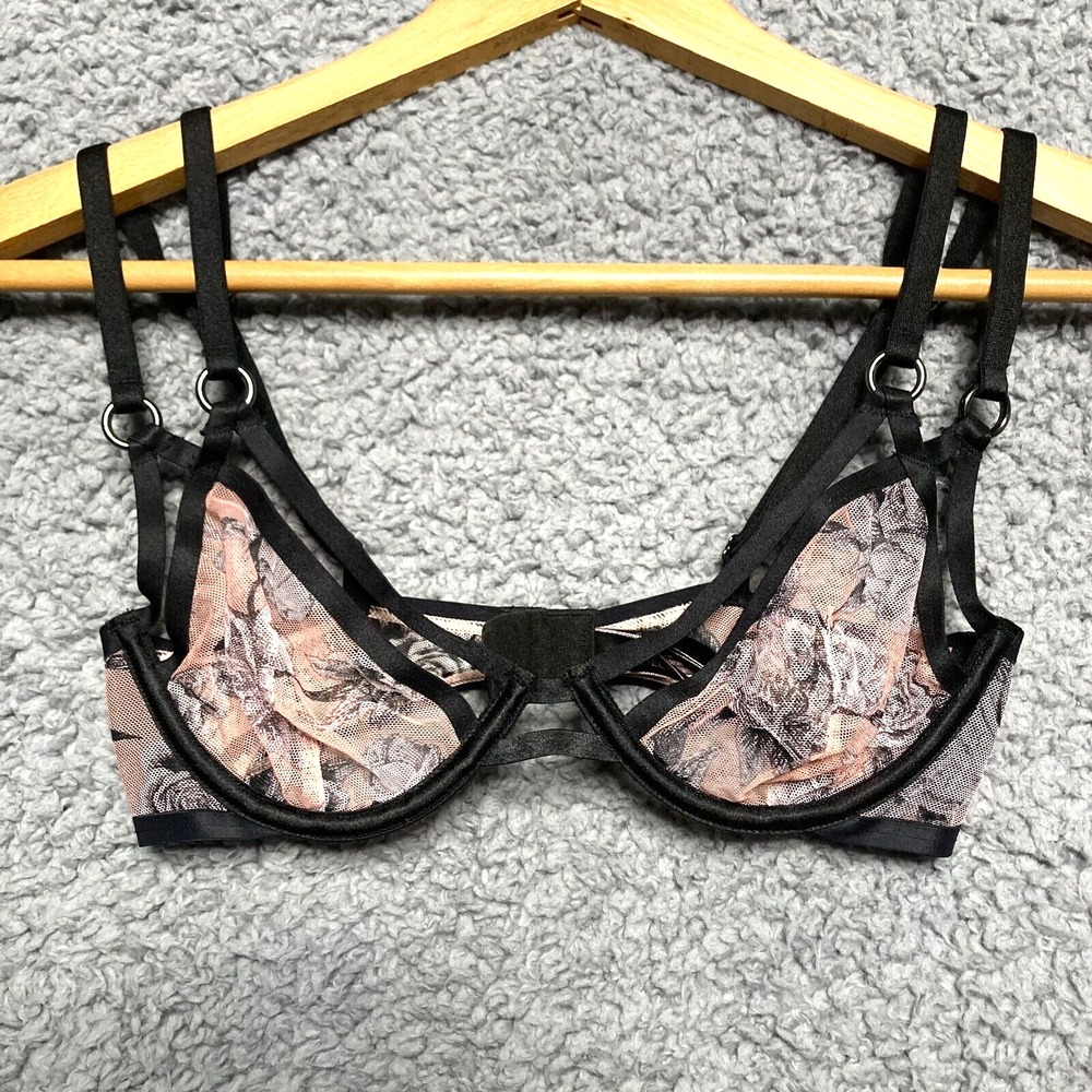 Victoria Secret Caged Sheer Mesh Ring Bra 32C Very Sexy Unlined Plunge Strappy